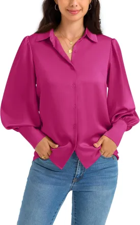 Women Satin Button Down Shirts Lantern Long Sleeve Silk Blouses Office Casual Business Silk Tops