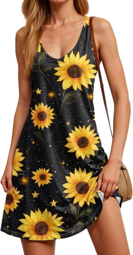 Women Summer Dresses Printed Beach Swimsuit Coverup Sleeveless 2025 Sundress V Neck Casual Dress with Pocket