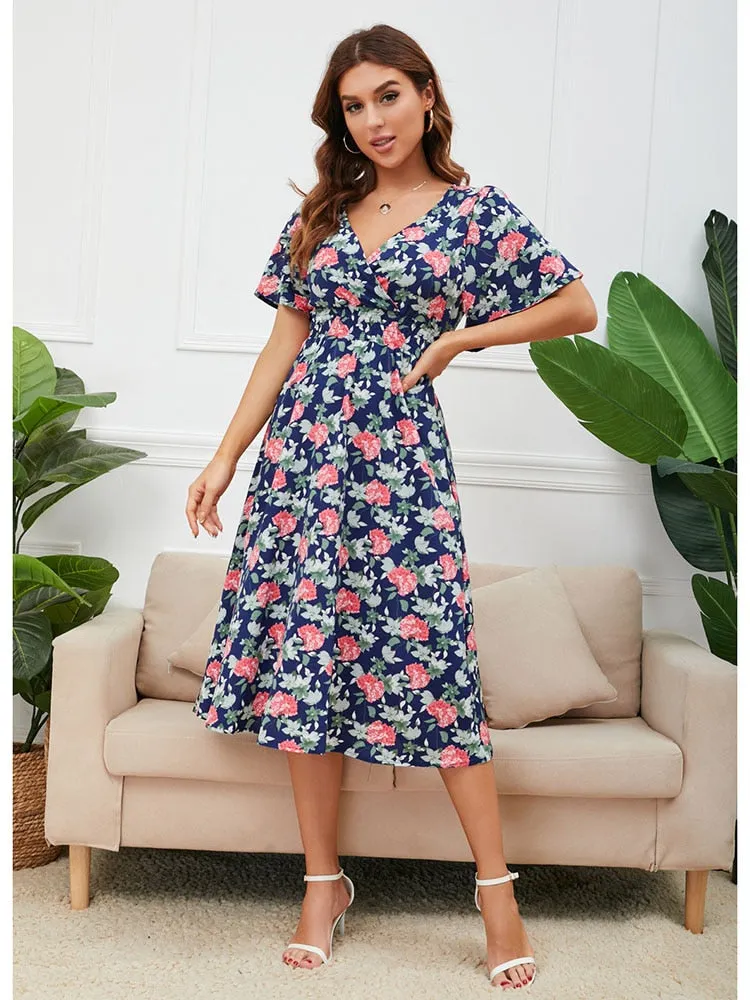 Women Summer V Neck Short Sleeve Floral Printed Casual Dress - WD8013