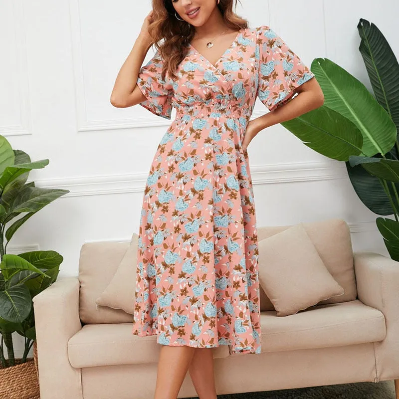 Women Summer V Neck Short Sleeve Floral Printed Casual Dress - WD8013
