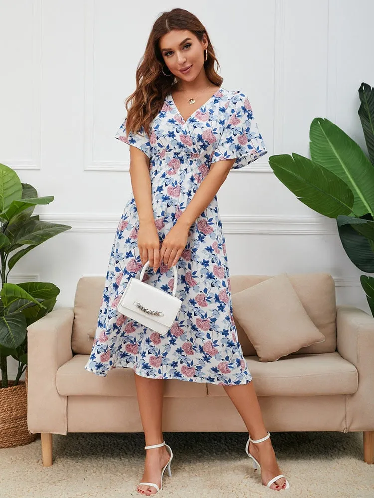 Women Summer V Neck Short Sleeve Floral Printed Casual Dress - WD8013