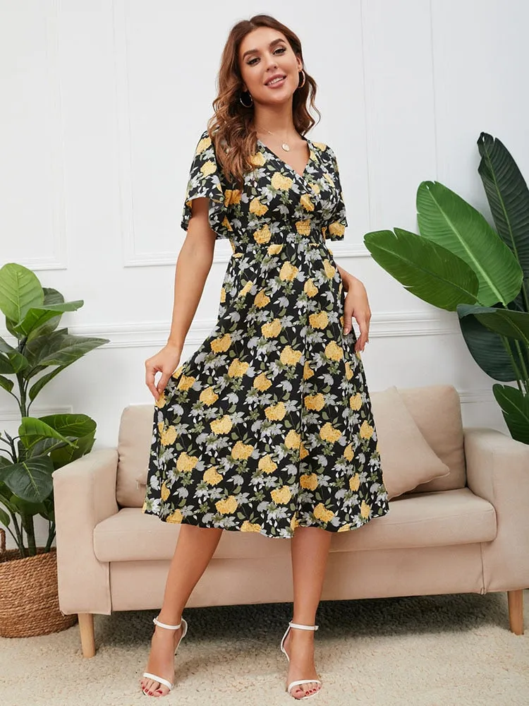 Women Summer V Neck Short Sleeve Floral Printed Casual Dress - WD8013