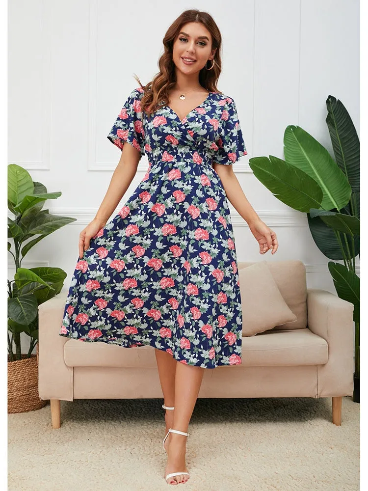Women Summer V Neck Short Sleeve Floral Printed Casual Dress - WD8013