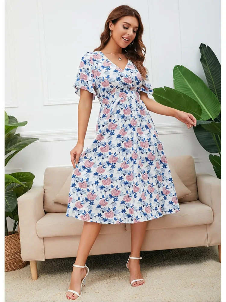 Women Summer V Neck Short Sleeve Floral Printed Casual Dress - WD8013