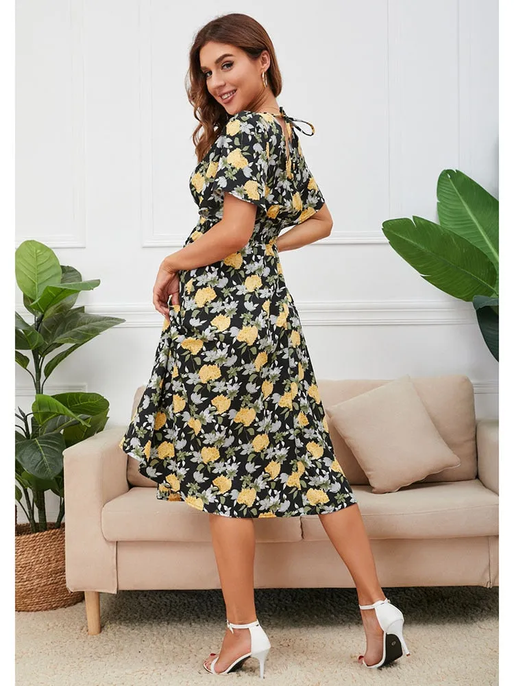 Women Summer V Neck Short Sleeve Floral Printed Casual Dress - WD8013