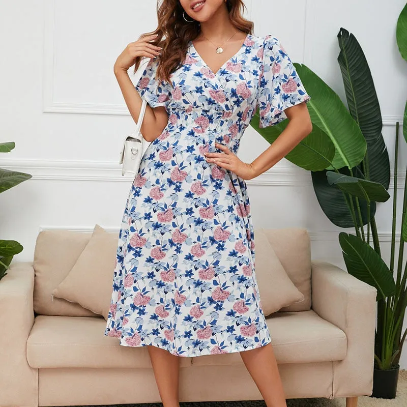 Women Summer V Neck Short Sleeve Floral Printed Casual Dress - WD8013