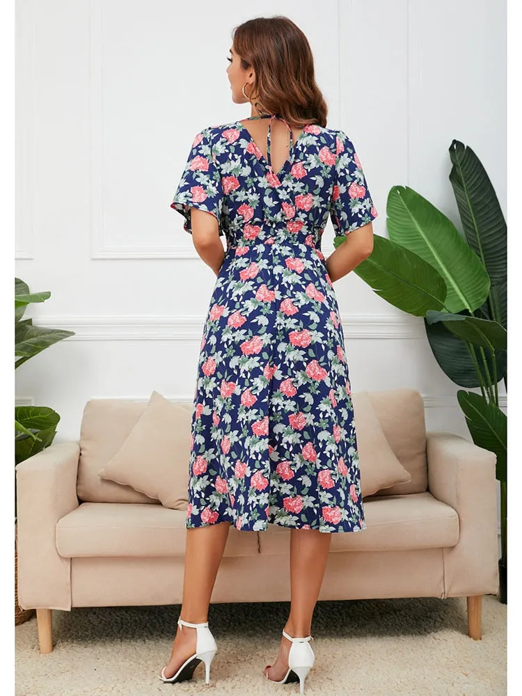 Women Summer V Neck Short Sleeve Floral Printed Casual Dress - WD8013