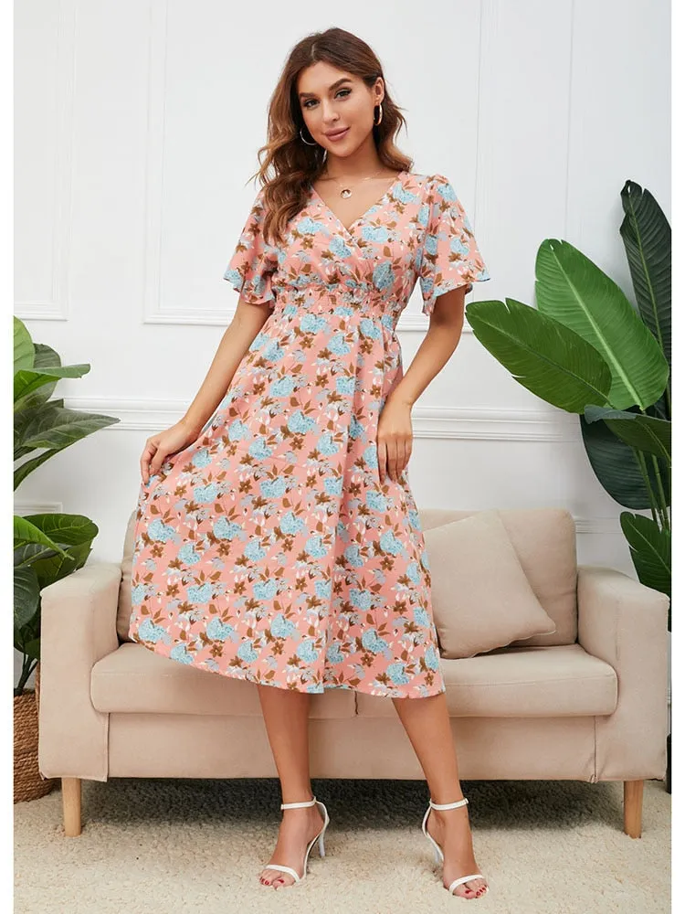 Women Summer V Neck Short Sleeve Floral Printed Casual Dress - WD8013