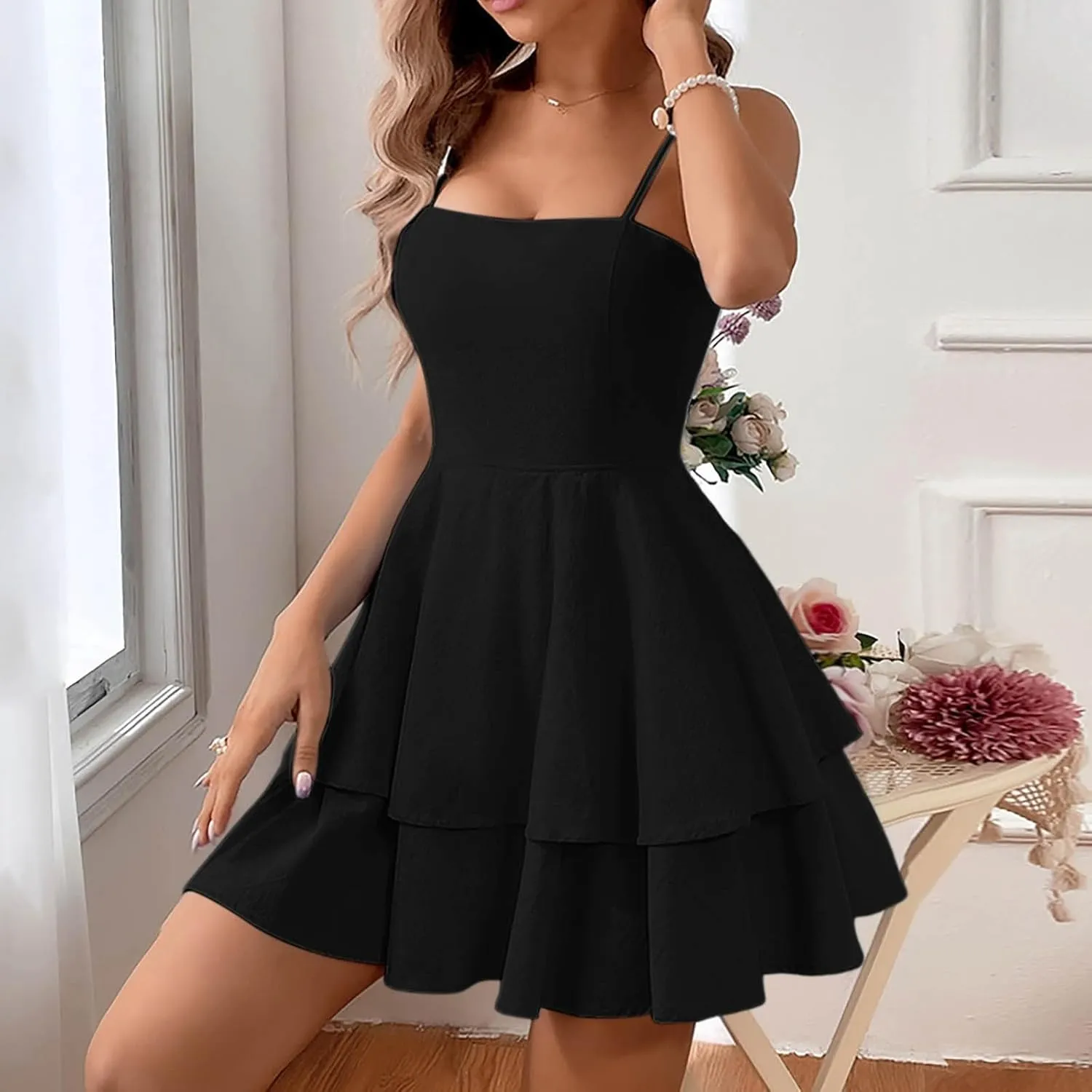 Womens 2025 Summer Casual Spaghetti Strap Mini Dress Bow Tie Back Cut Out Tiered A-Line Boho Sundress