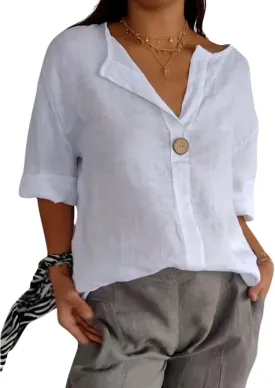 Womens Cotton Linen Shirts Summer Fashion Comfy V Neck 3/4 Sleeves Classic Casual Solid Color Loose Fit Button Down Top