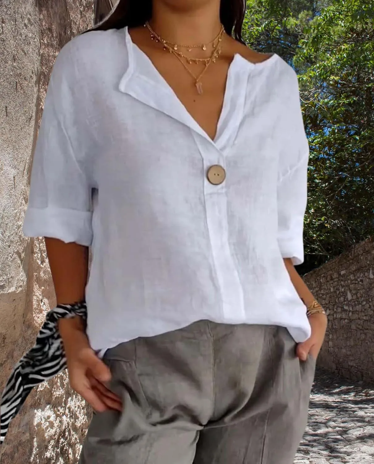 Womens Cotton Linen Shirts Summer Fashion Comfy V Neck 3/4 Sleeves Classic Casual Solid Color Loose Fit Button Down Top