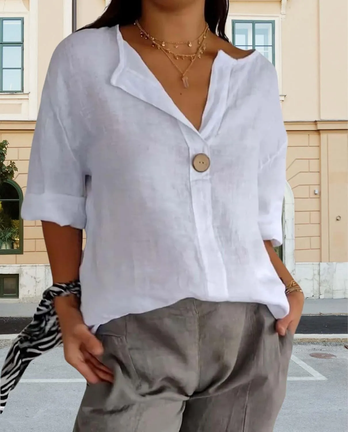 Womens Cotton Linen Shirts Summer Fashion Comfy V Neck 3/4 Sleeves Classic Casual Solid Color Loose Fit Button Down Top