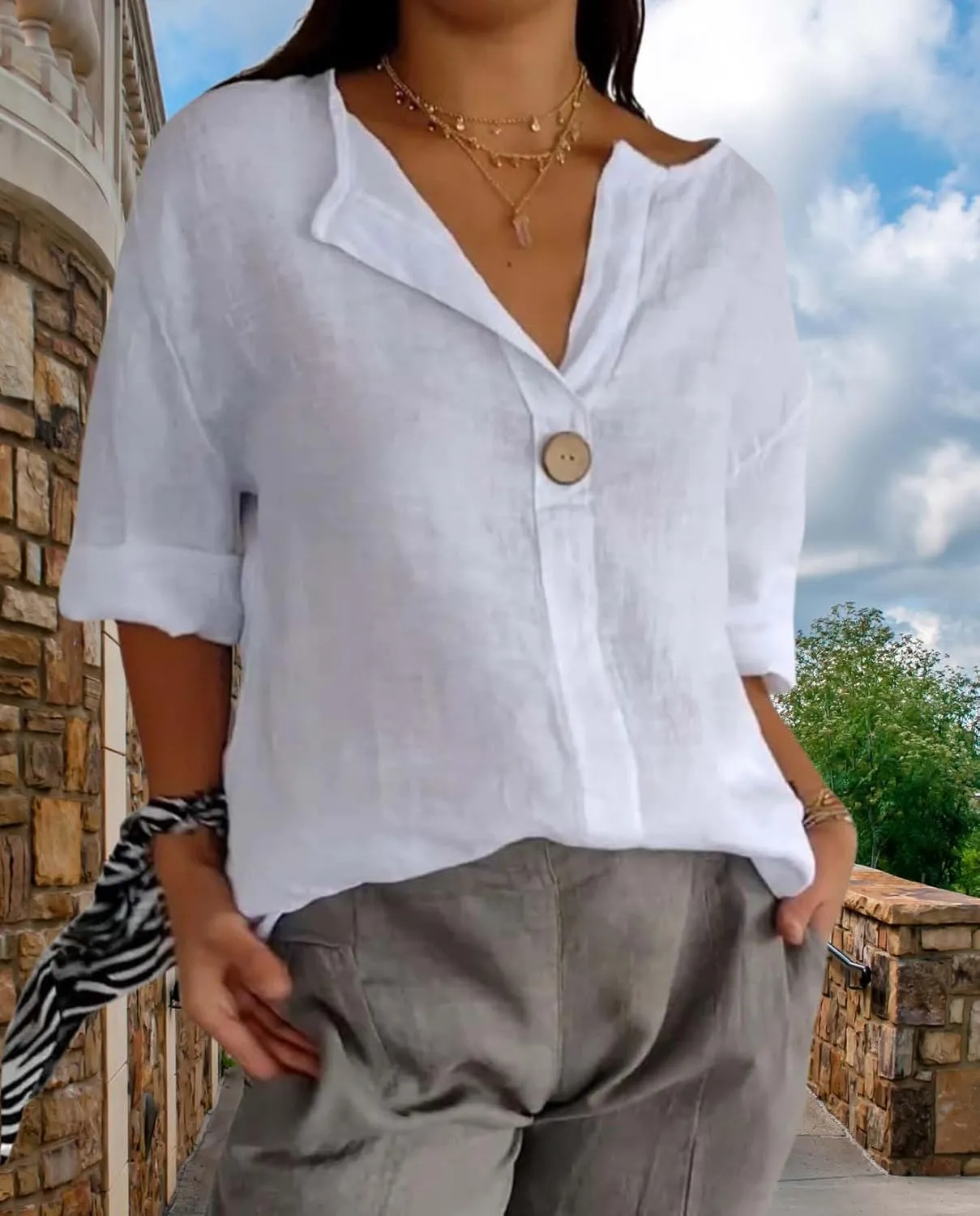 Womens Cotton Linen Shirts Summer Fashion Comfy V Neck 3/4 Sleeves Classic Casual Solid Color Loose Fit Button Down Top
