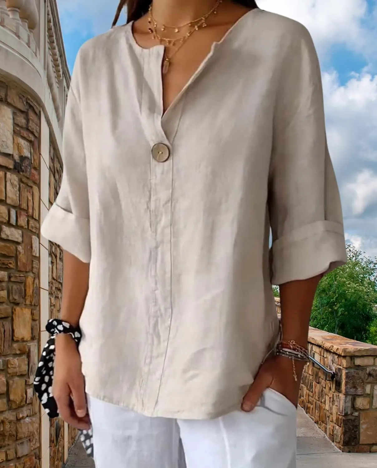 Womens Cotton Linen Shirts Summer Fashion Comfy V Neck 3/4 Sleeves Classic Casual Solid Color Loose Fit Button Down Top