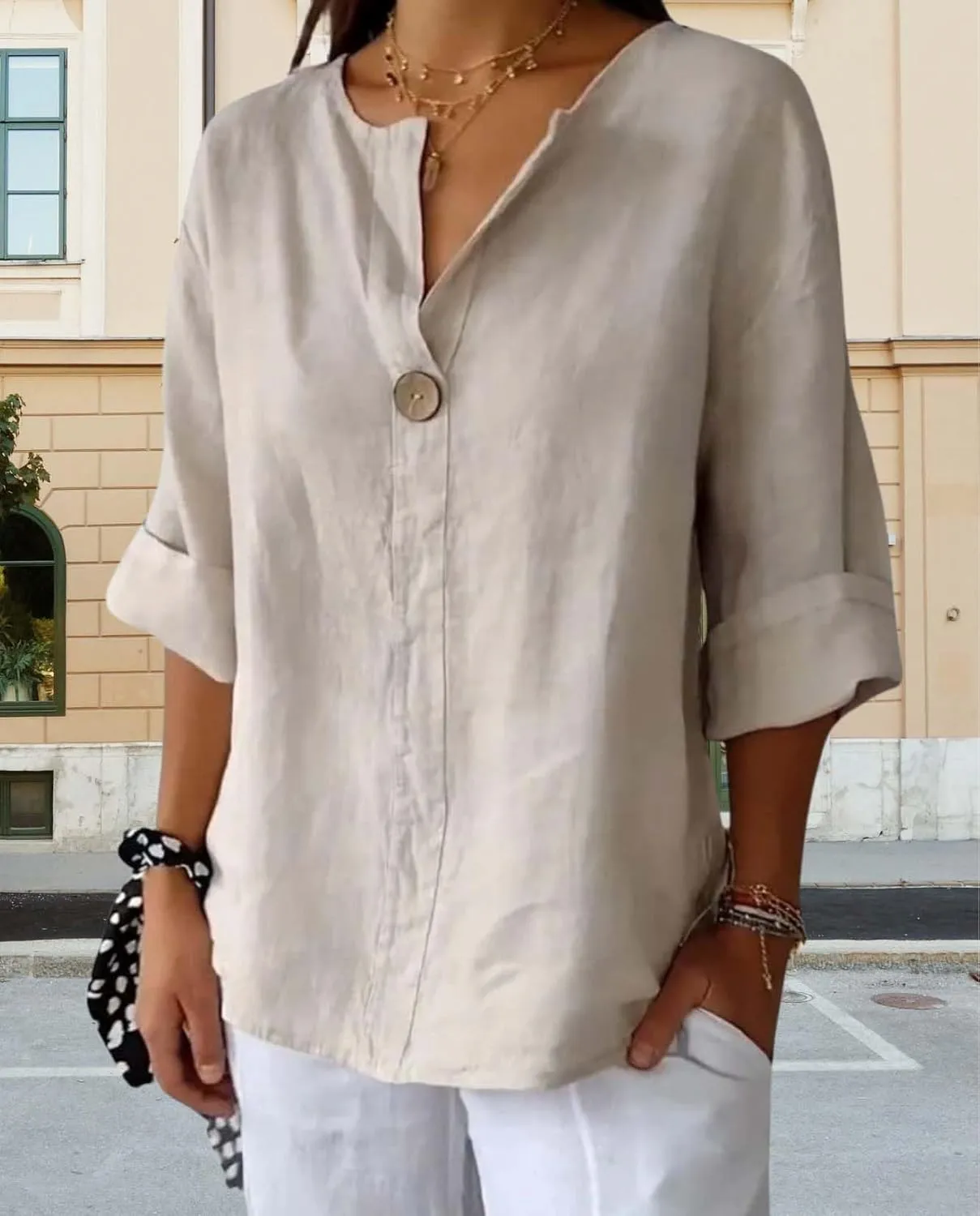 Womens Cotton Linen Shirts Summer Fashion Comfy V Neck 3/4 Sleeves Classic Casual Solid Color Loose Fit Button Down Top
