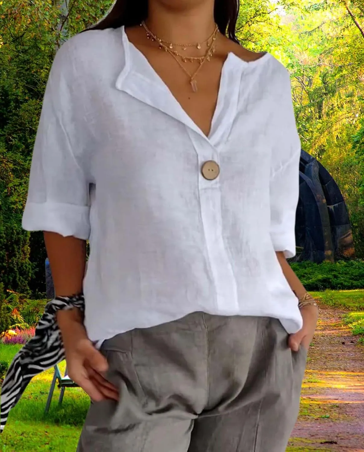 Womens Cotton Linen Shirts Summer Fashion Comfy V Neck 3/4 Sleeves Classic Casual Solid Color Loose Fit Button Down Top