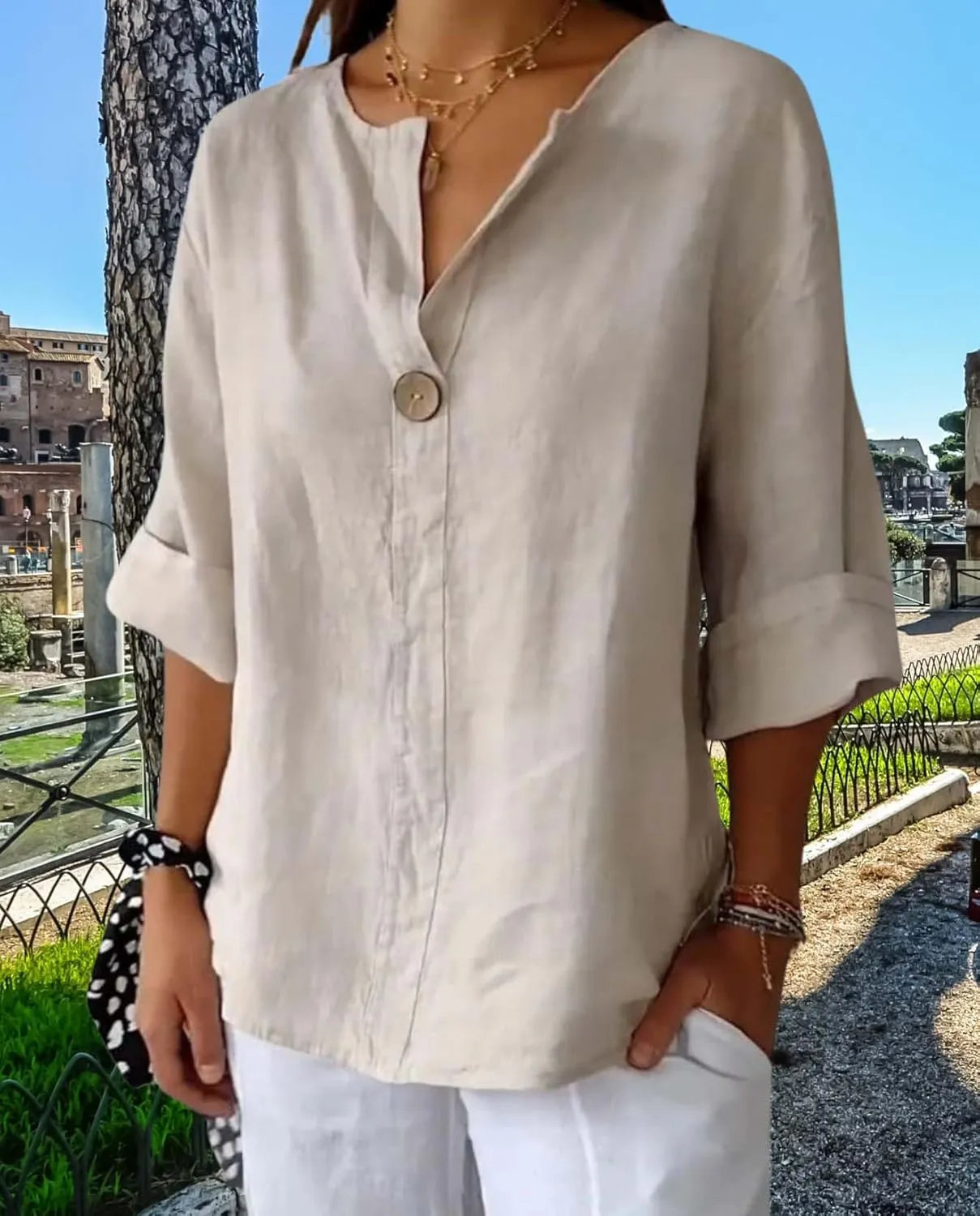Womens Cotton Linen Shirts Summer Fashion Comfy V Neck 3/4 Sleeves Classic Casual Solid Color Loose Fit Button Down Top