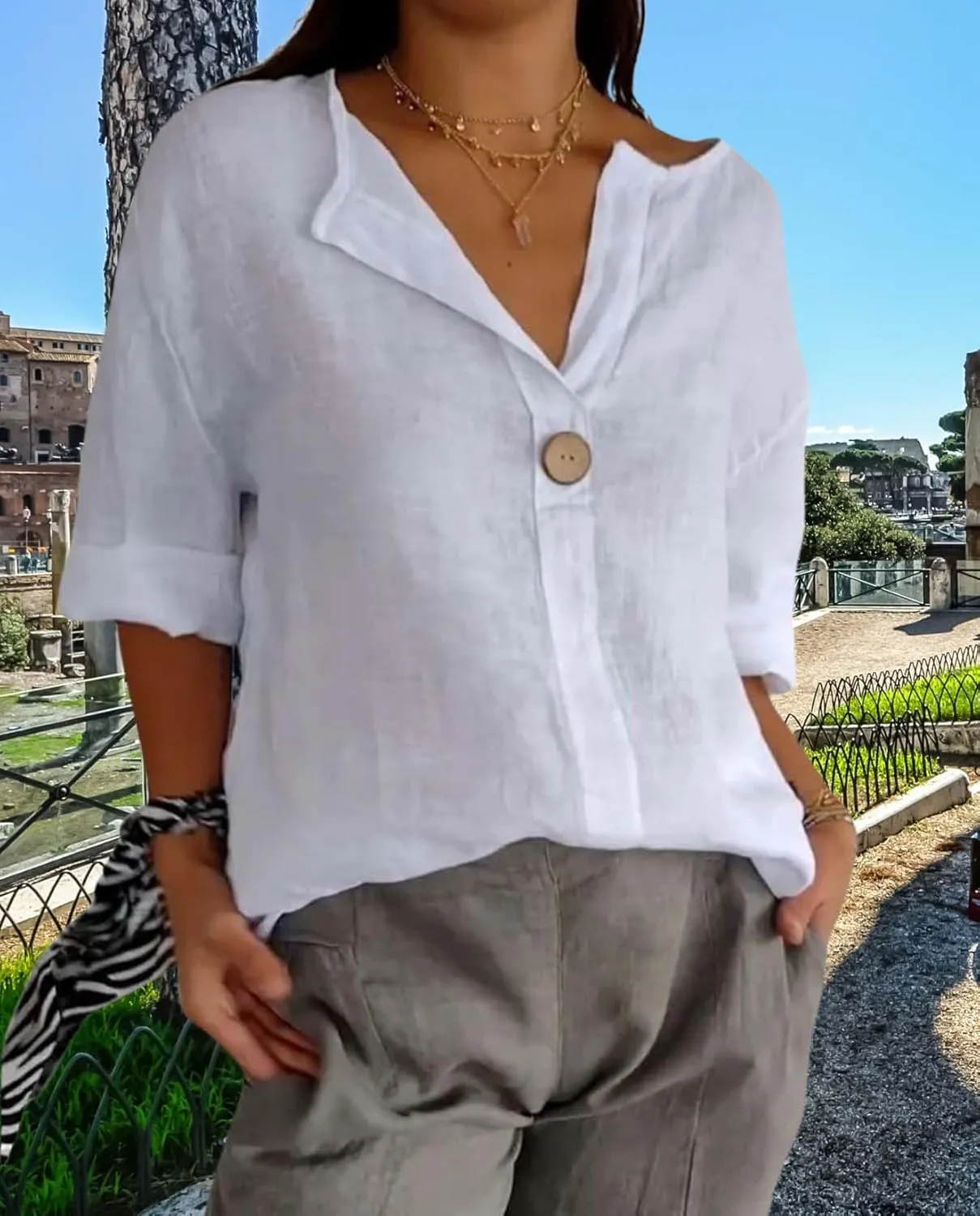 Womens Cotton Linen Shirts Summer Fashion Comfy V Neck 3/4 Sleeves Classic Casual Solid Color Loose Fit Button Down Top