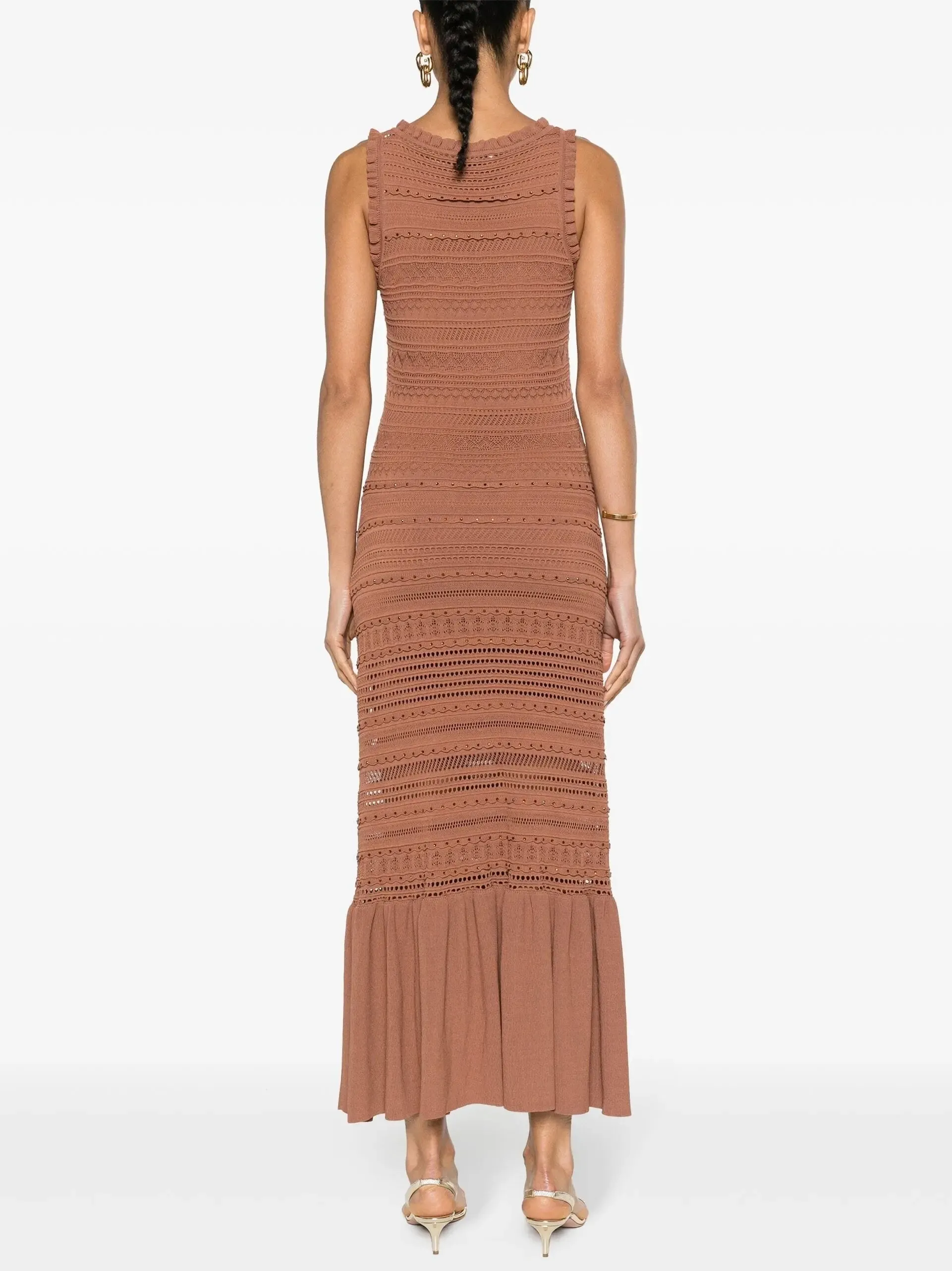 Women’s Crystal Detailed Rose-Applique Sleeveless Crochet Knit Maxi Dress
