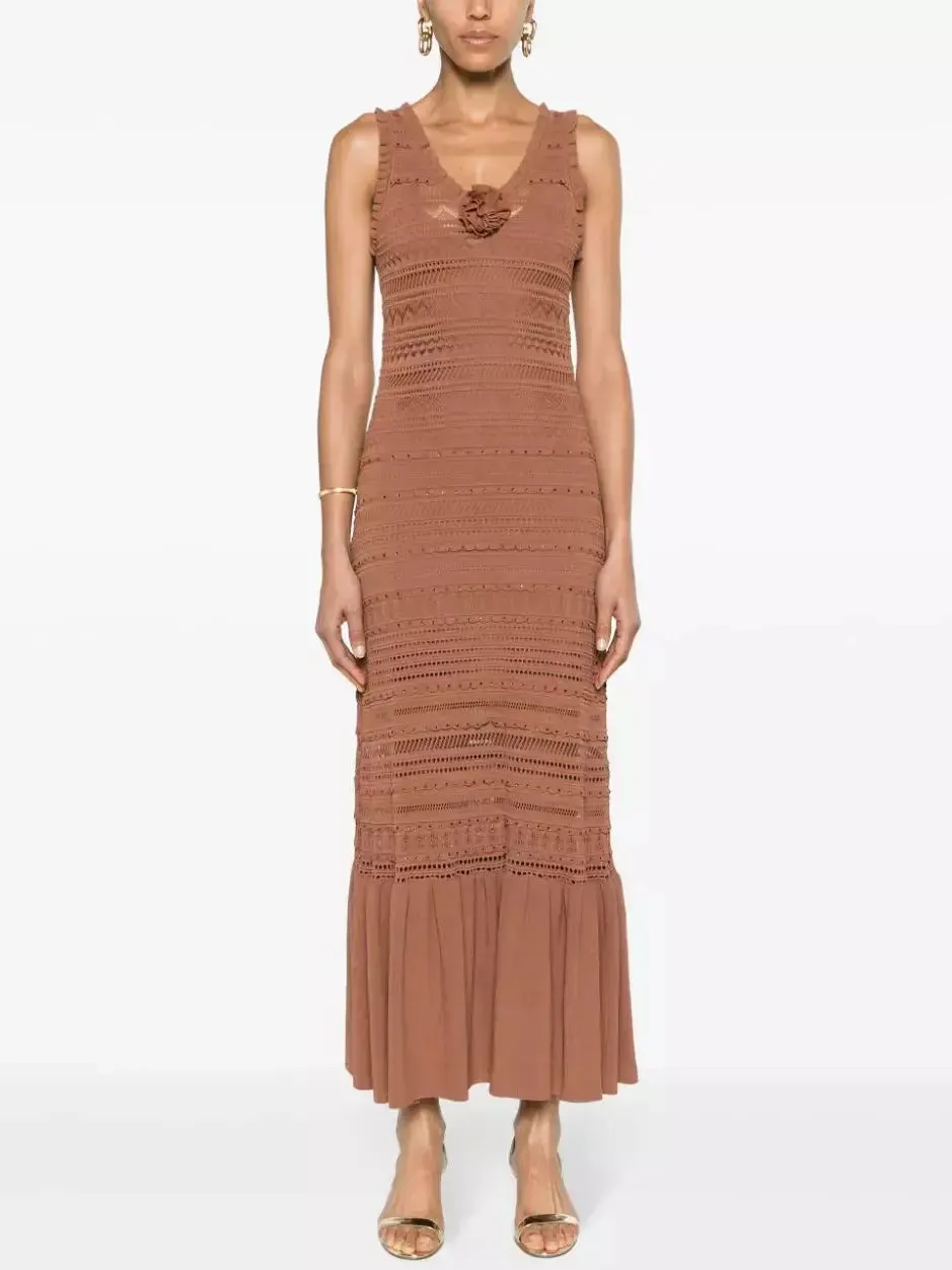 Women’s Crystal Detailed Rose-Applique Sleeveless Crochet Knit Maxi Dress
