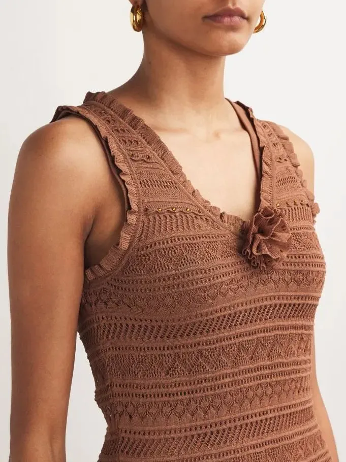 Women’s Crystal Detailed Rose-Applique Sleeveless Crochet Knit Maxi Dress