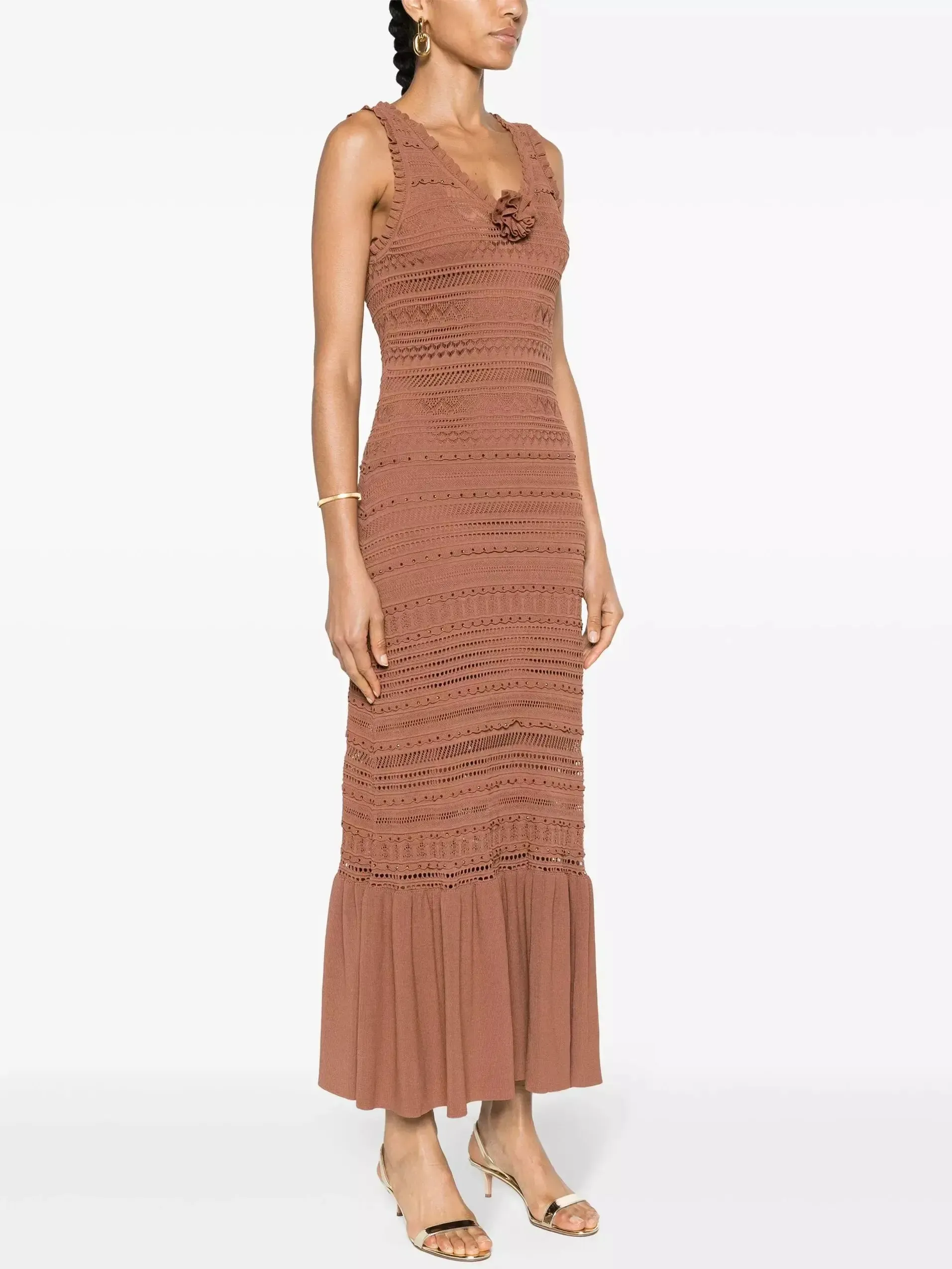 Women’s Crystal Detailed Rose-Applique Sleeveless Crochet Knit Maxi Dress