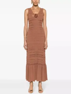 Women’s Crystal Detailed Rose-Applique Sleeveless Crochet Knit Maxi Dress
