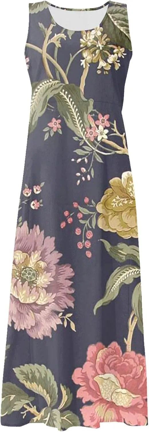 Womens Dresses Chic Sleeveless Scoop Neck Cotton Linen Dress Loose Floral Printed Beach Sundress with Pockets