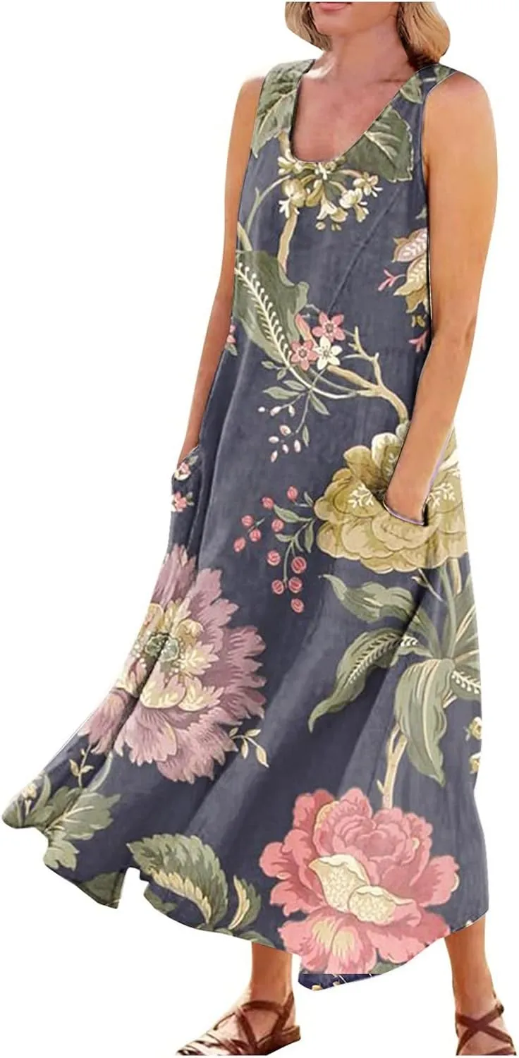 Womens Dresses Chic Sleeveless Scoop Neck Cotton Linen Dress Loose Floral Printed Beach Sundress with Pockets