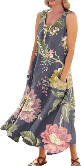 Womens Dresses Chic Sleeveless Scoop Neck Cotton Linen Dress Loose Floral Printed Beach Sundress with Pockets