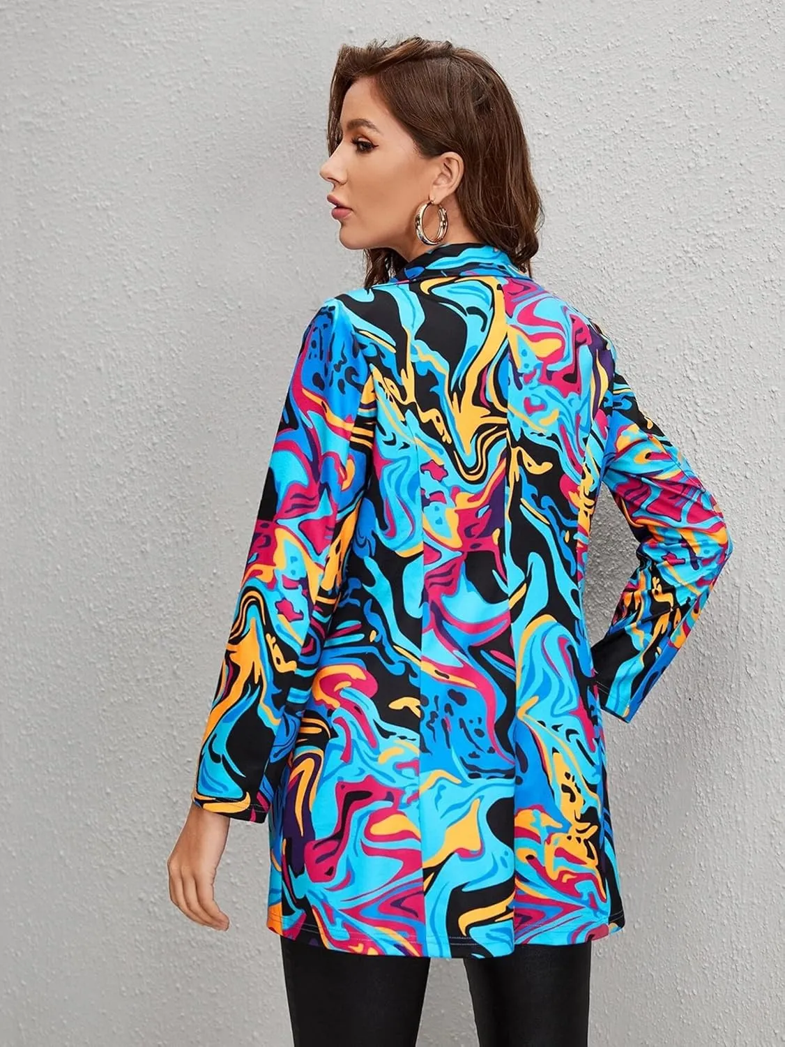 Women's Graphic Printed Blazer Button Open Front Colorful Long Sleeve Notch Lapel Pop Art Jacket Multicolored