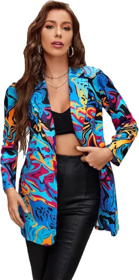 Women's Graphic Printed Blazer Button Open Front Colorful Long Sleeve Notch Lapel Pop Art Jacket Multicolored
