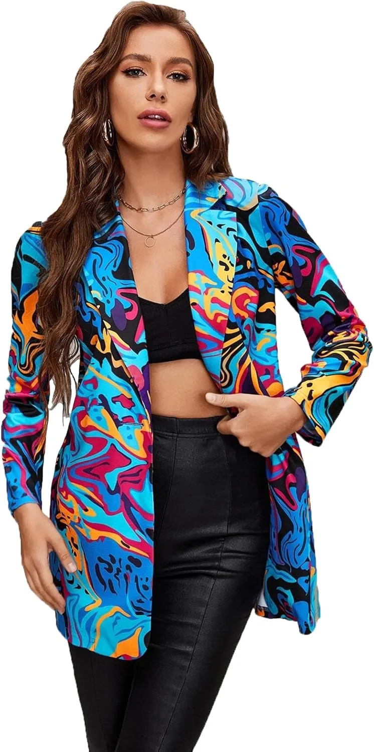 Women's Graphic Printed Blazer Button Open Front Colorful Long Sleeve Notch Lapel Pop Art Jacket Multicolored