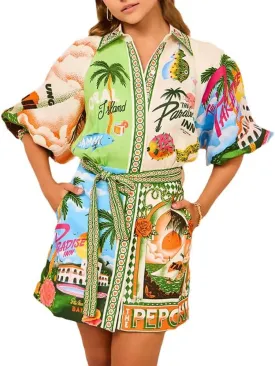 Women's Printed Button Down Shirt Dress with Pockets Casual 3/4 Sleeve Boho Short Tunics Dresses with Belt