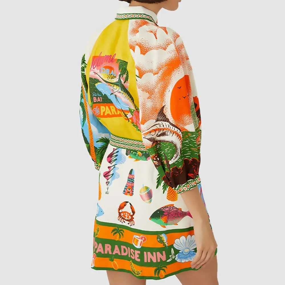 Women's Printed Button Down Shirt Dress with Pockets Casual 3/4 Sleeve Boho Short Tunics Dresses with Belt