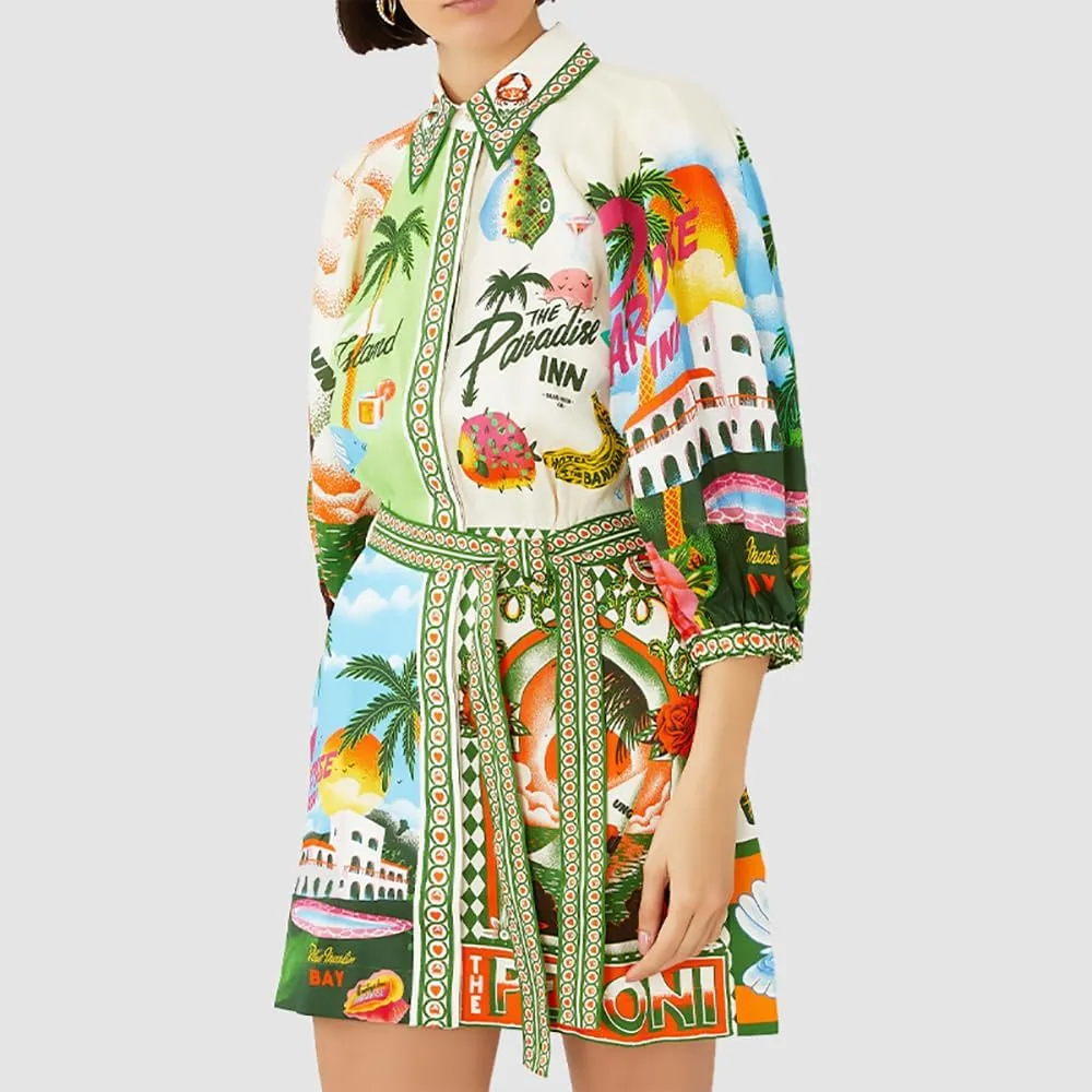 Women's Printed Button Down Shirt Dress with Pockets Casual 3/4 Sleeve Boho Short Tunics Dresses with Belt