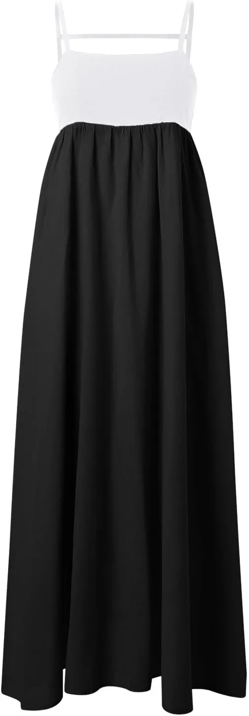 Women's Spaghetti Straps Maxi Dress Color Block Contrast Trim Dresses Summer Outfits Cotton Linen Sleeveless Long Dresses