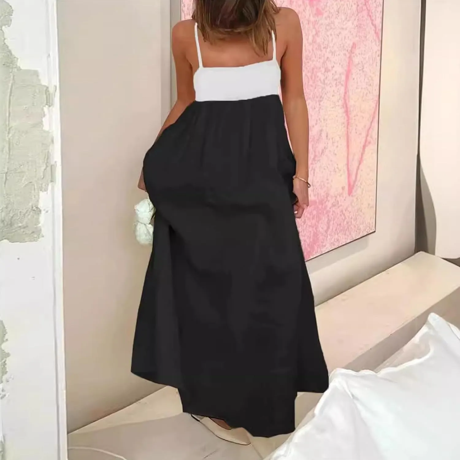 Women's Spaghetti Straps Maxi Dress Color Block Contrast Trim Dresses Summer Outfits Cotton Linen Sleeveless Long Dresses