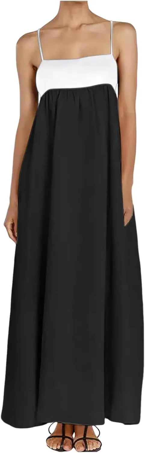 Women's Spaghetti Straps Maxi Dress Color Block Contrast Trim Dresses Summer Outfits Cotton Linen Sleeveless Long Dresses