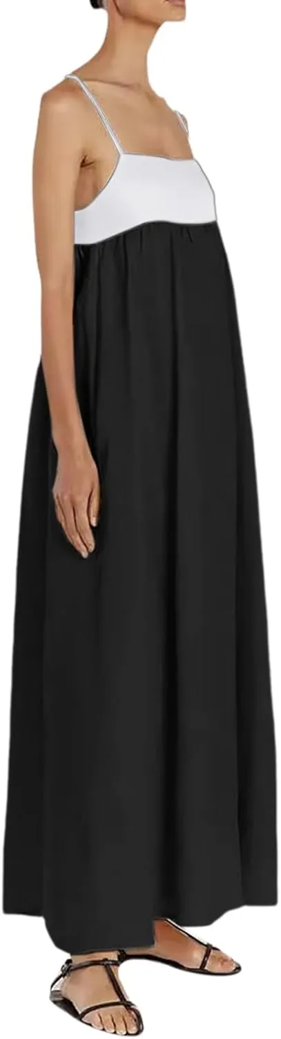 Women's Spaghetti Straps Maxi Dress Color Block Contrast Trim Dresses Summer Outfits Cotton Linen Sleeveless Long Dresses