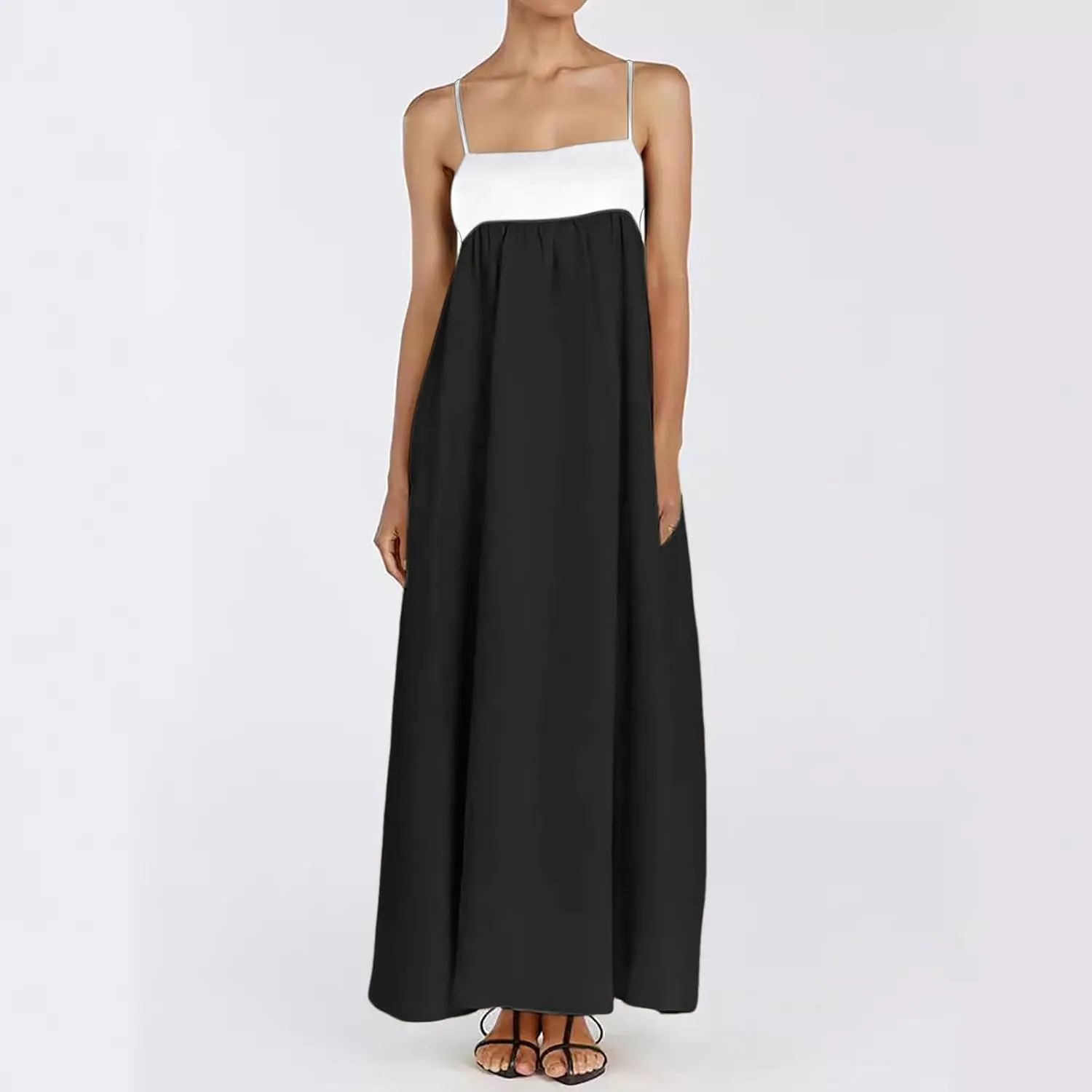 Women's Spaghetti Straps Maxi Dress Color Block Contrast Trim Dresses Summer Outfits Cotton Linen Sleeveless Long Dresses