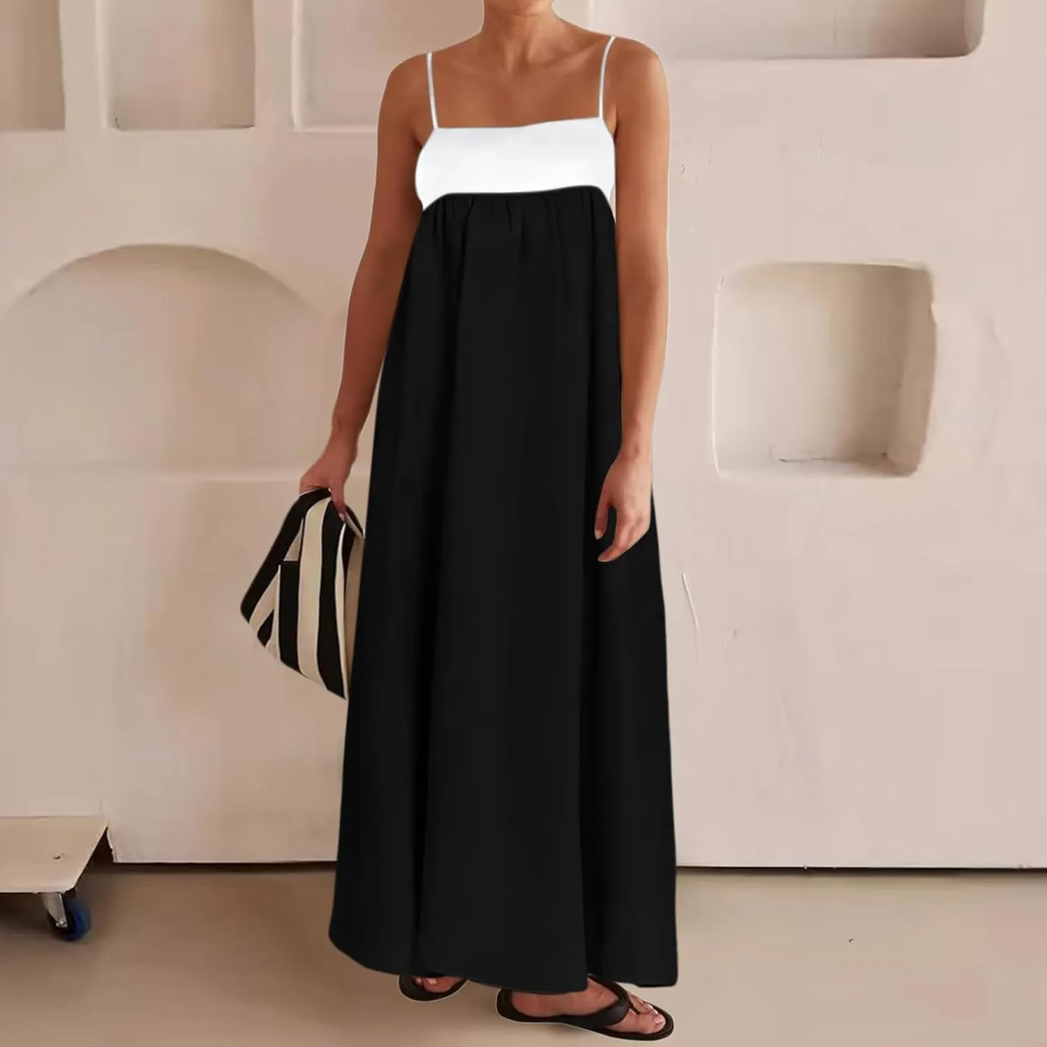 Women's Spaghetti Straps Maxi Dress Color Block Contrast Trim Dresses Summer Outfits Cotton Linen Sleeveless Long Dresses