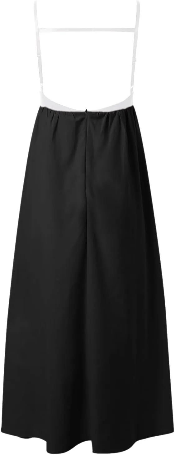 Women's Spaghetti Straps Maxi Dress Color Block Contrast Trim Dresses Summer Outfits Cotton Linen Sleeveless Long Dresses