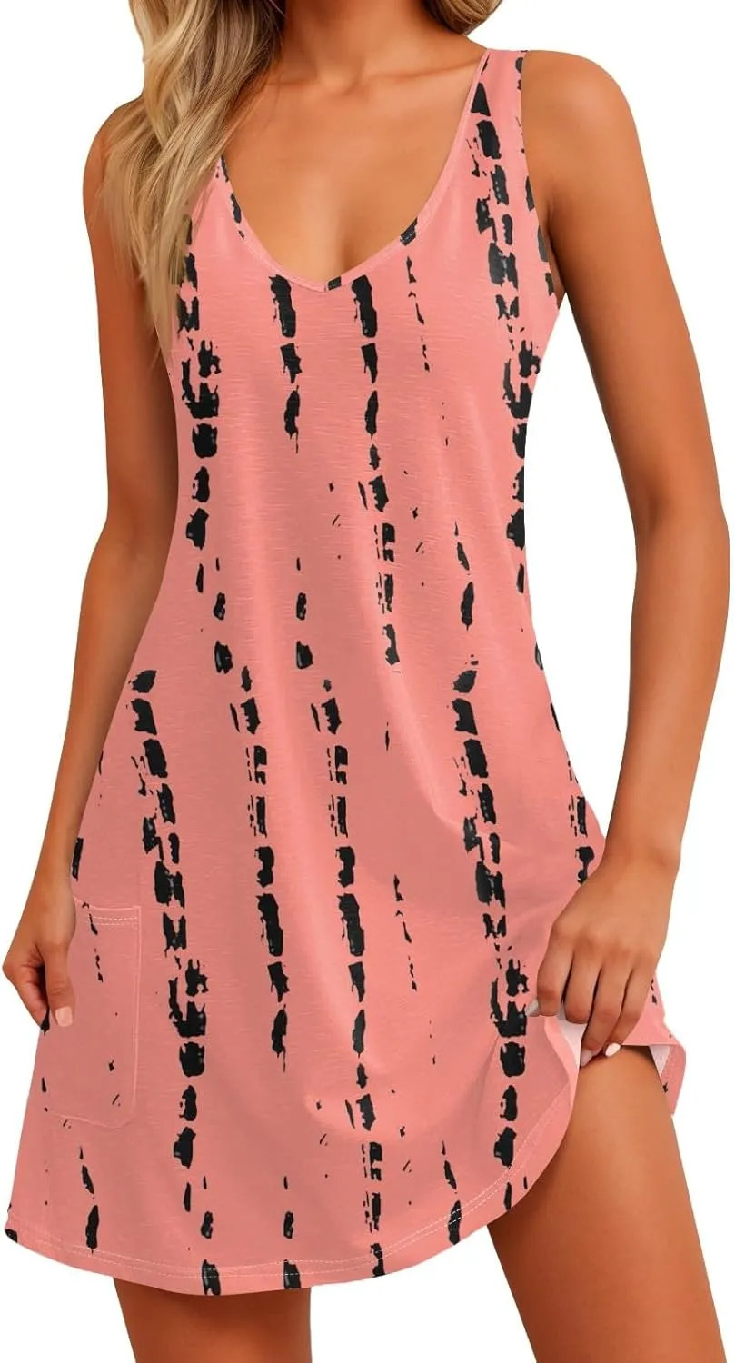 Womens Summer Dresses 2025 Beach Dress with Pocket Sleeveless V Neck Sundress Casual Vacation Swimsuit Coverup