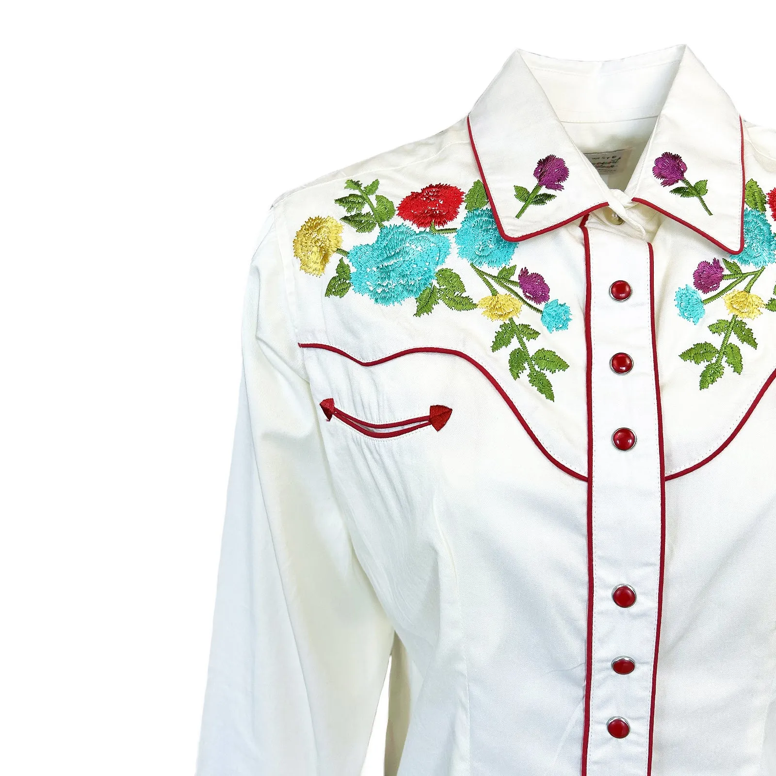 Women's Vintage Ivory Floral Pastel Embroidery Western Shirt