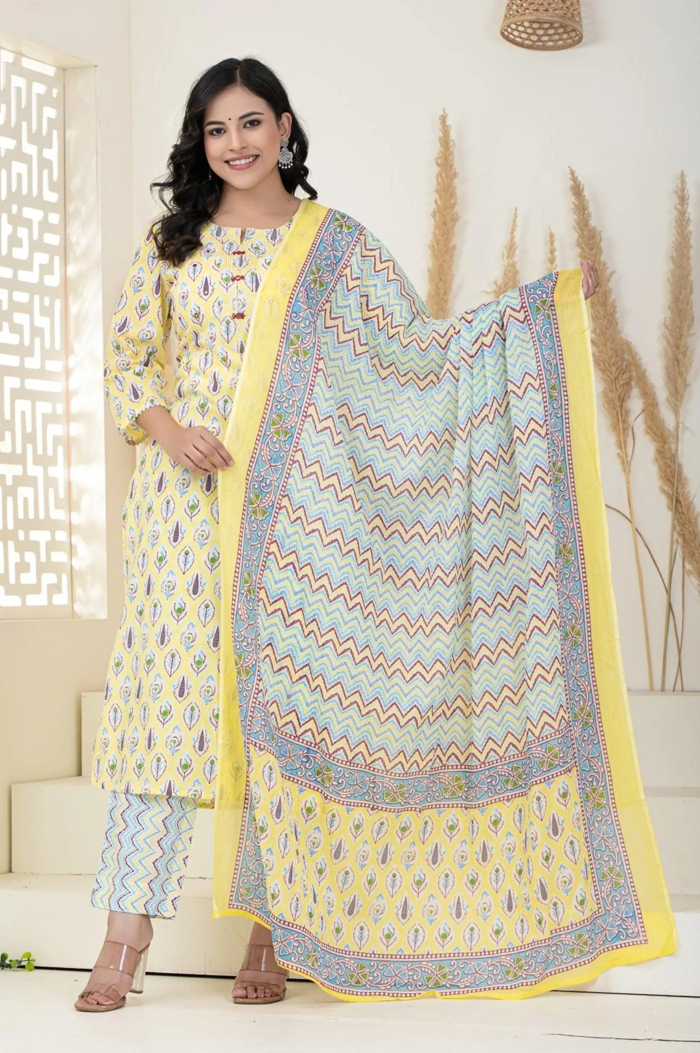 Yellow Printed Dupatta Set