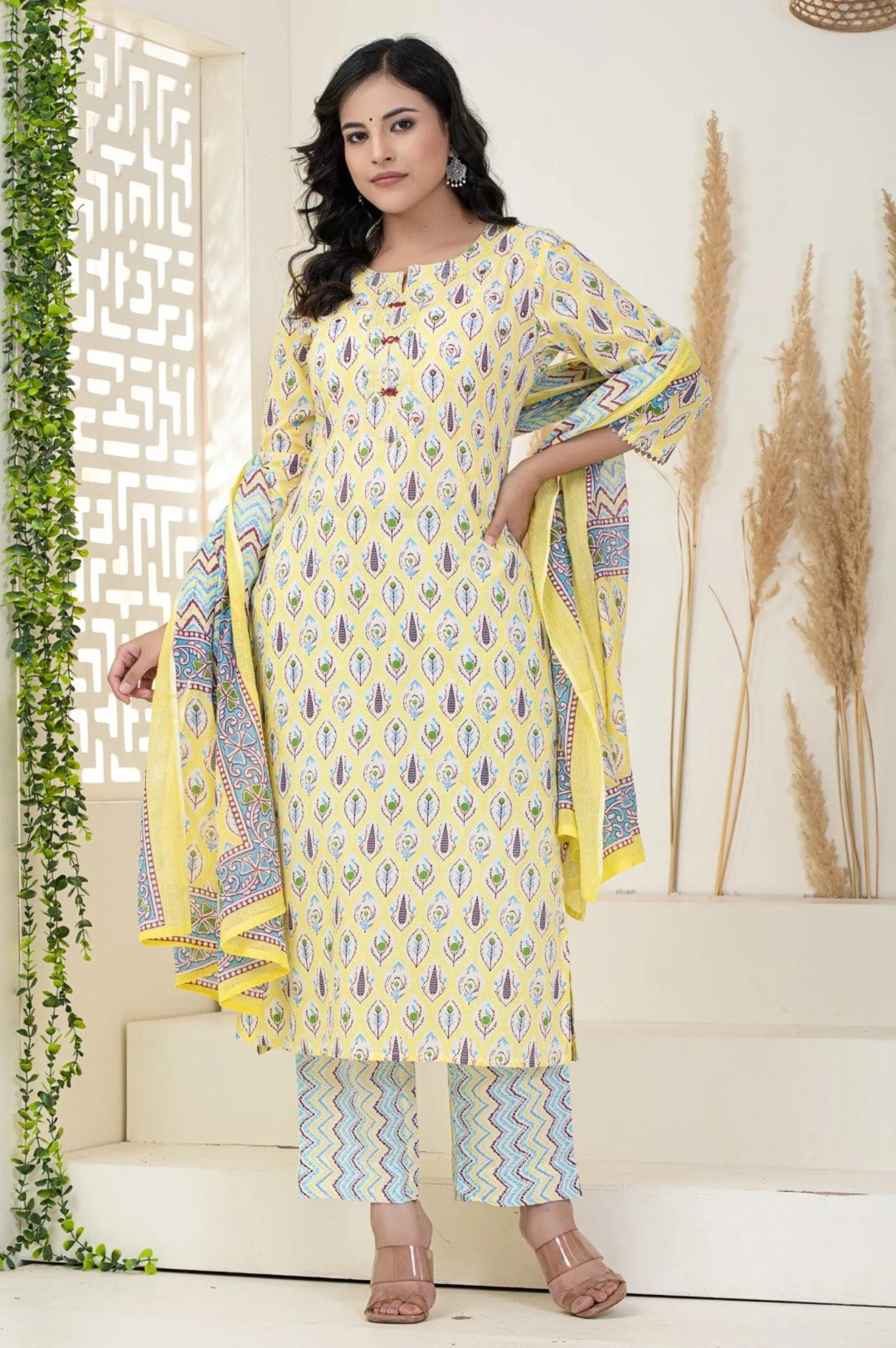 Yellow Printed Dupatta Set